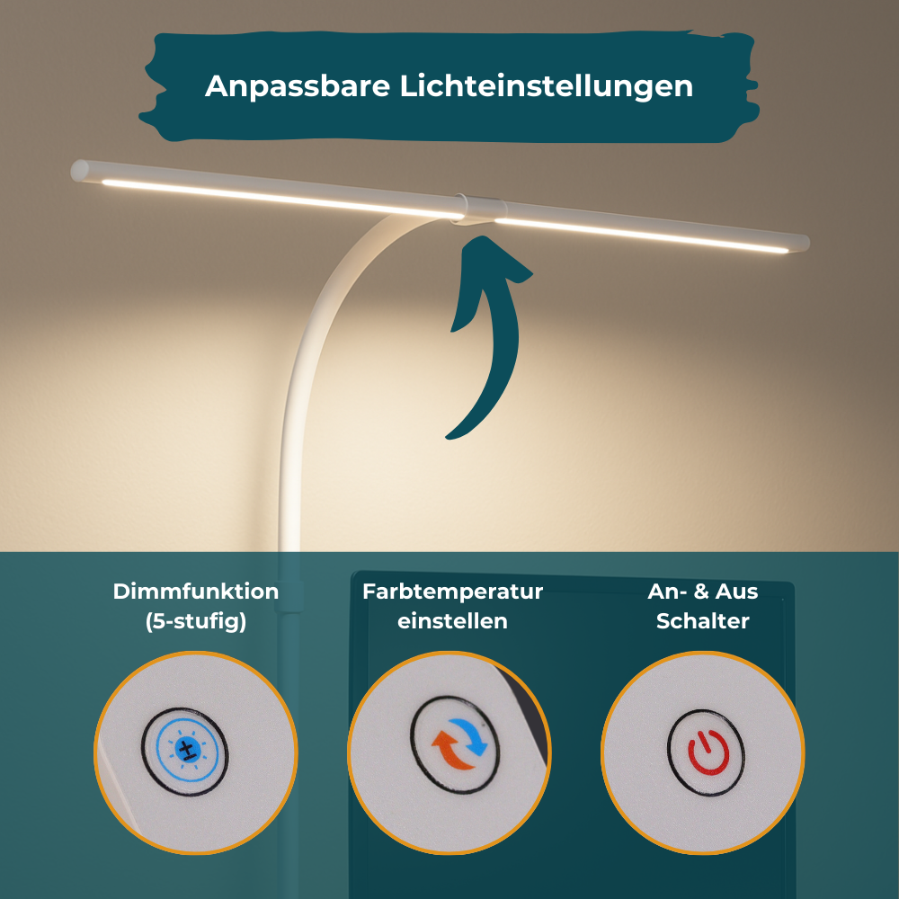LED-Schreibtischlampe, Doppelkopf, in Weiß, dimmbar, 5 Farbtemperaturstufen, 24 W, 800 lm, klemm- und verstellbare Monitorlampe.