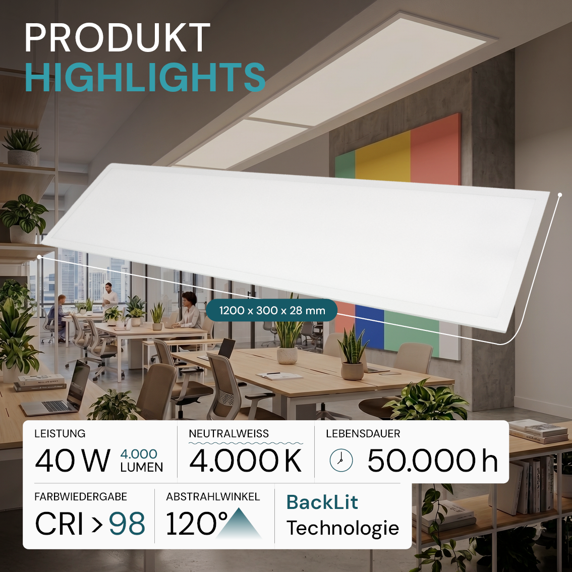LED BackLit Panel, 120x30 cm, CRI98, 40W, 4000lm, 4000K