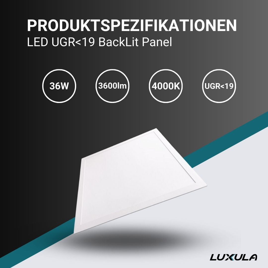 LED BackLit Panel UGR<19, 62x62 cm, inkl Aufbaurahmen, 36W, 3600lm, 4000K.