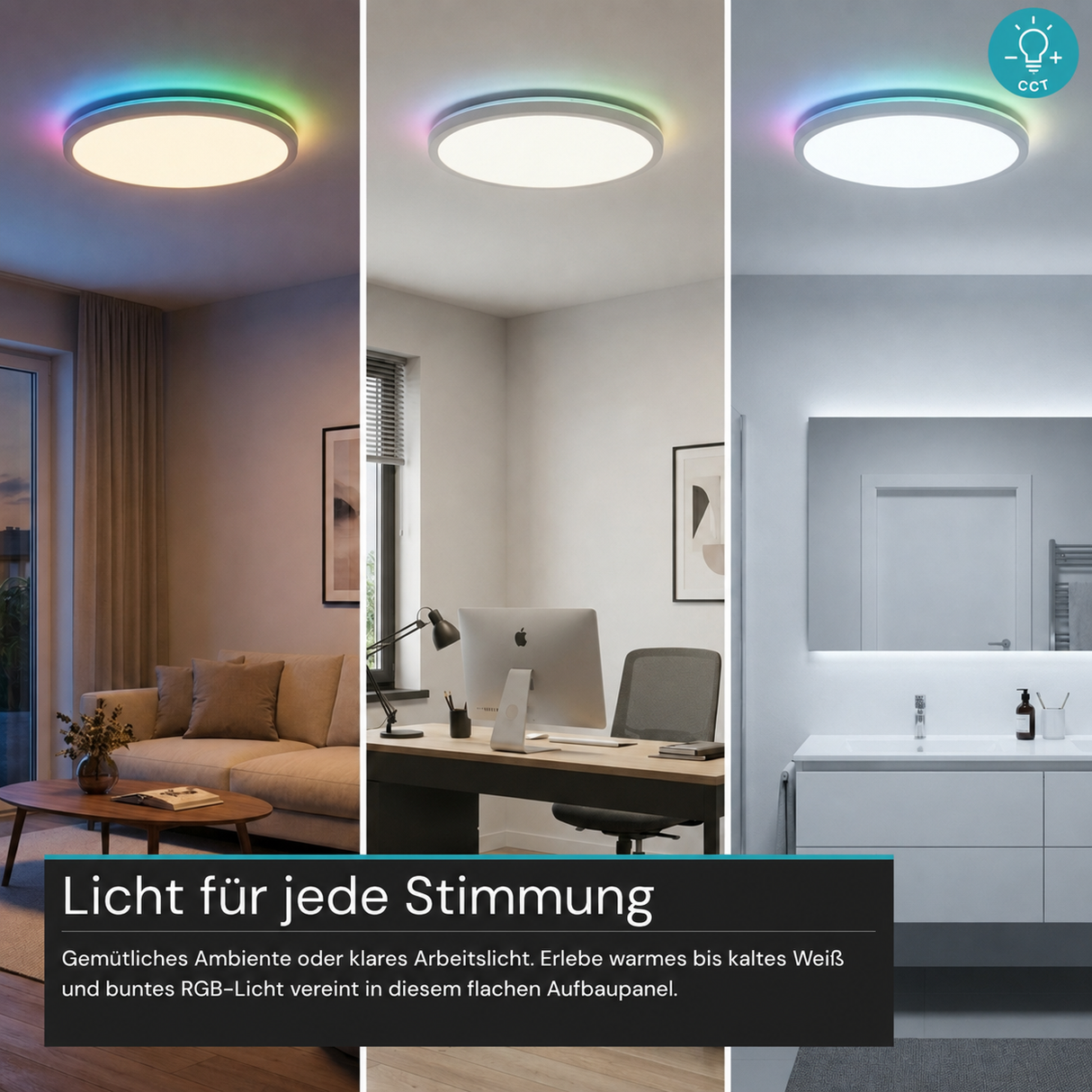 RGB Panel Up&Down, 15W, 1550lm, IP44, ø283x28mm, 3000-6500K (CCT), dimmbar, weiß