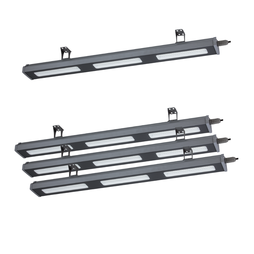 4er Pack LED-Hallenleuchte, linear, 150 W, 18700 lm, 5000 K (neutralweiß), IP65, grau.