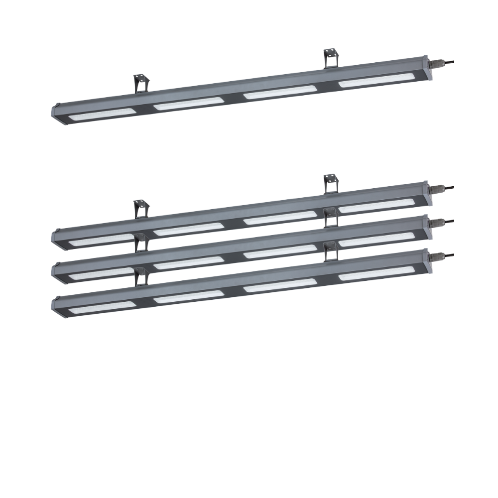 4er Pack LED-Hallenleuchte, linear, 200 W, 25000 lm, 5000 K (neutralweiß), IP65, grau.