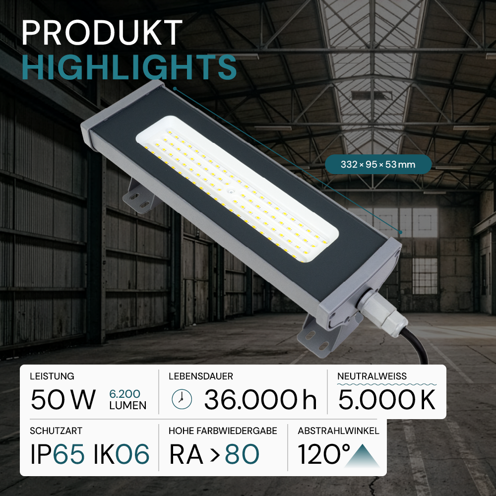 LED-Hallenleuchte, linear, 50 W, 6200 lm, 5000 K (neutralweiß), IP65, grau