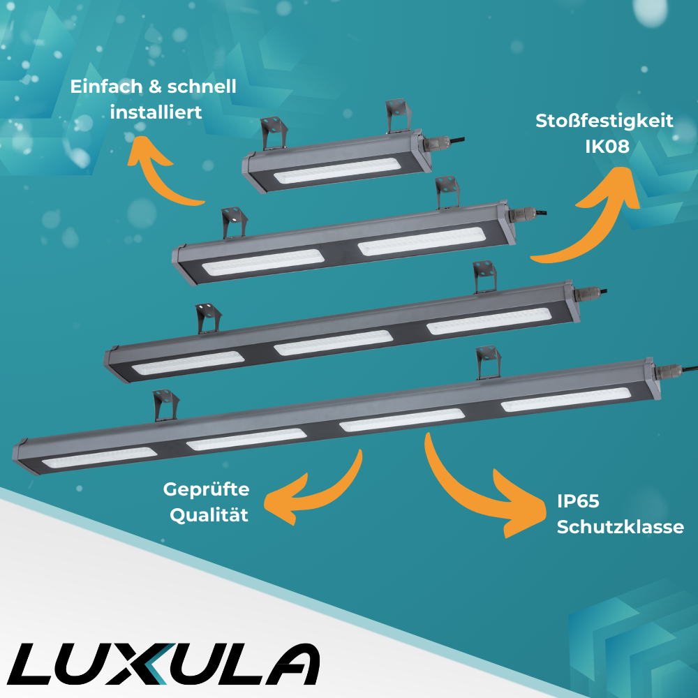4er Pack LED-Hallenleuchte, linear, 150 W, 18700 lm, 5000 K (neutralweiß), IP65, grau.