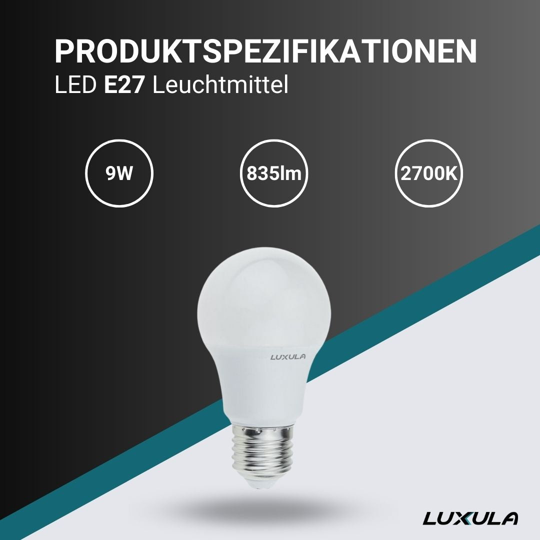 LED Leuchtmittel, E27, A60, 9W, 835lm, 2700K warmweiß.