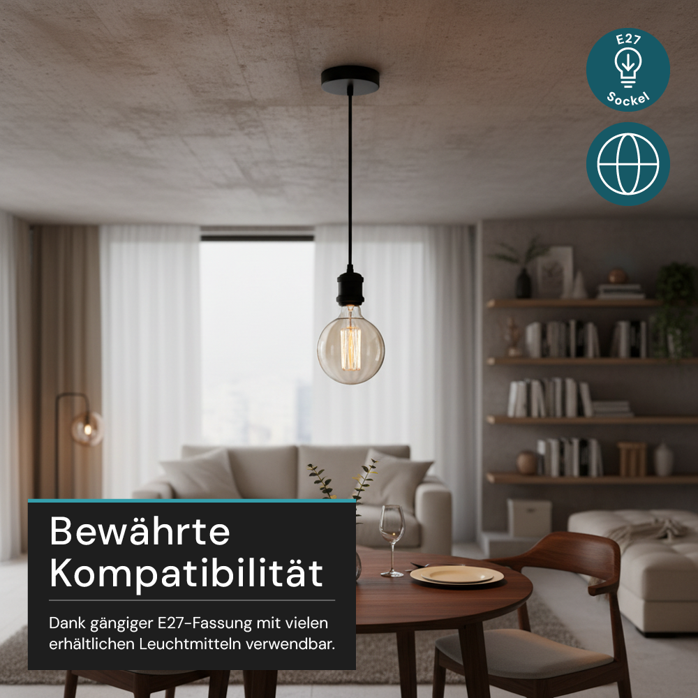 Lampenfassung E27, Metall, schwarz, 1.5 m Textilkabel schwarz, exkl. Leuchtmittel