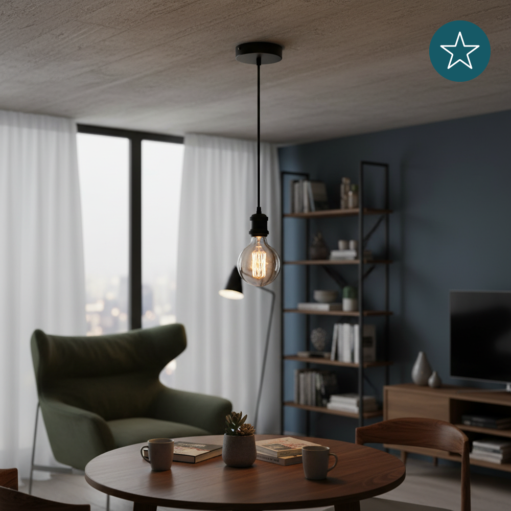 Lampenfassung E27, Metall, schwarz, 1.5 m Textilkabel schwarz, exkl. Leuchtmittel