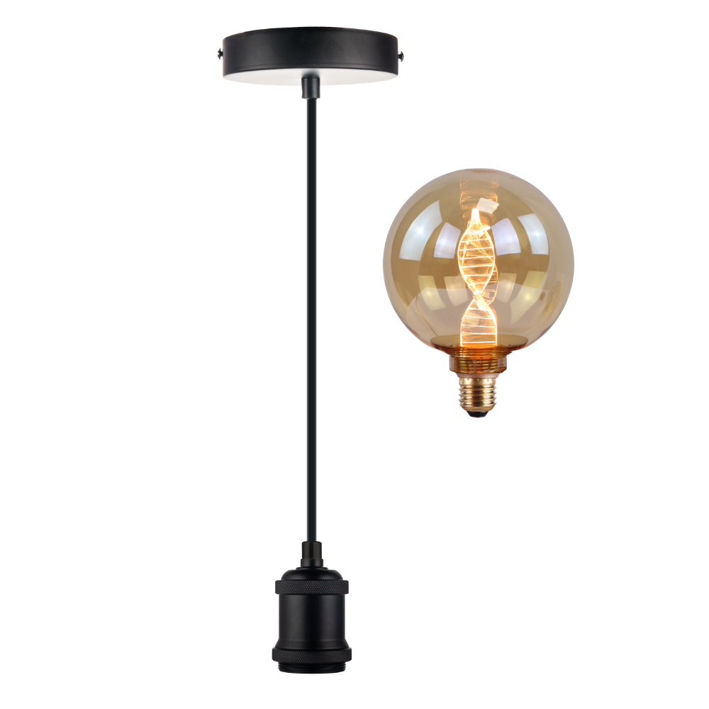 LED Filament Leuchtmittel, inkl schwarzer E27-Fassung mit Textiklkabel, 1,5m, 3.5W, 120lm, 1800K, dimmbar.