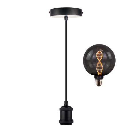 LED Filament Leuchtmittel DNA schwarzes Glas, inkl schwarzer E27-Fassung mit Textilkabel 1,5m, E27, 3.5W, 120lm, 1800K, dimmbar.