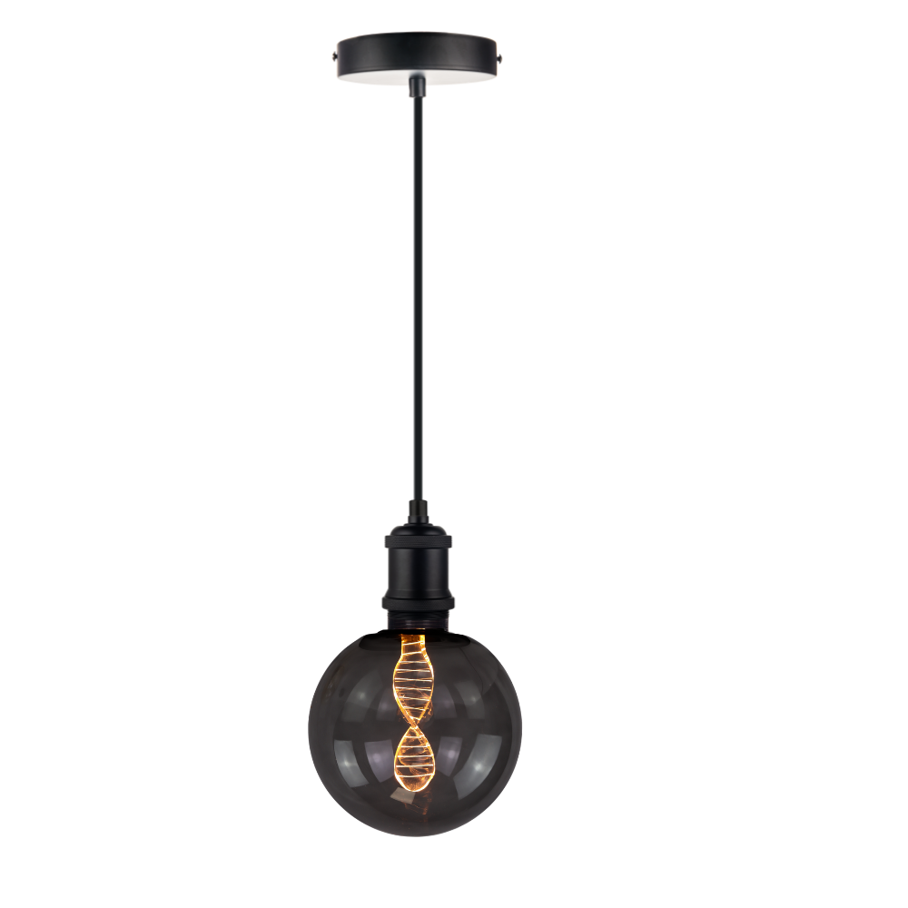 LED Filament Leuchtmittel DNA schwarzes Glas, inkl schwarzer E27-Fassung mit Textilkabel 1,5m, E27, 3.5W, 120lm, 1800K, dimmbar.