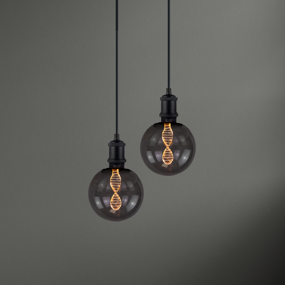 LED Filament Leuchtmittel DNA schwarzes Glas, inkl schwarzer E27-Fassung mit Textilkabel 1,5m, E27, 3.5W, 120lm, 1800K, dimmbar.