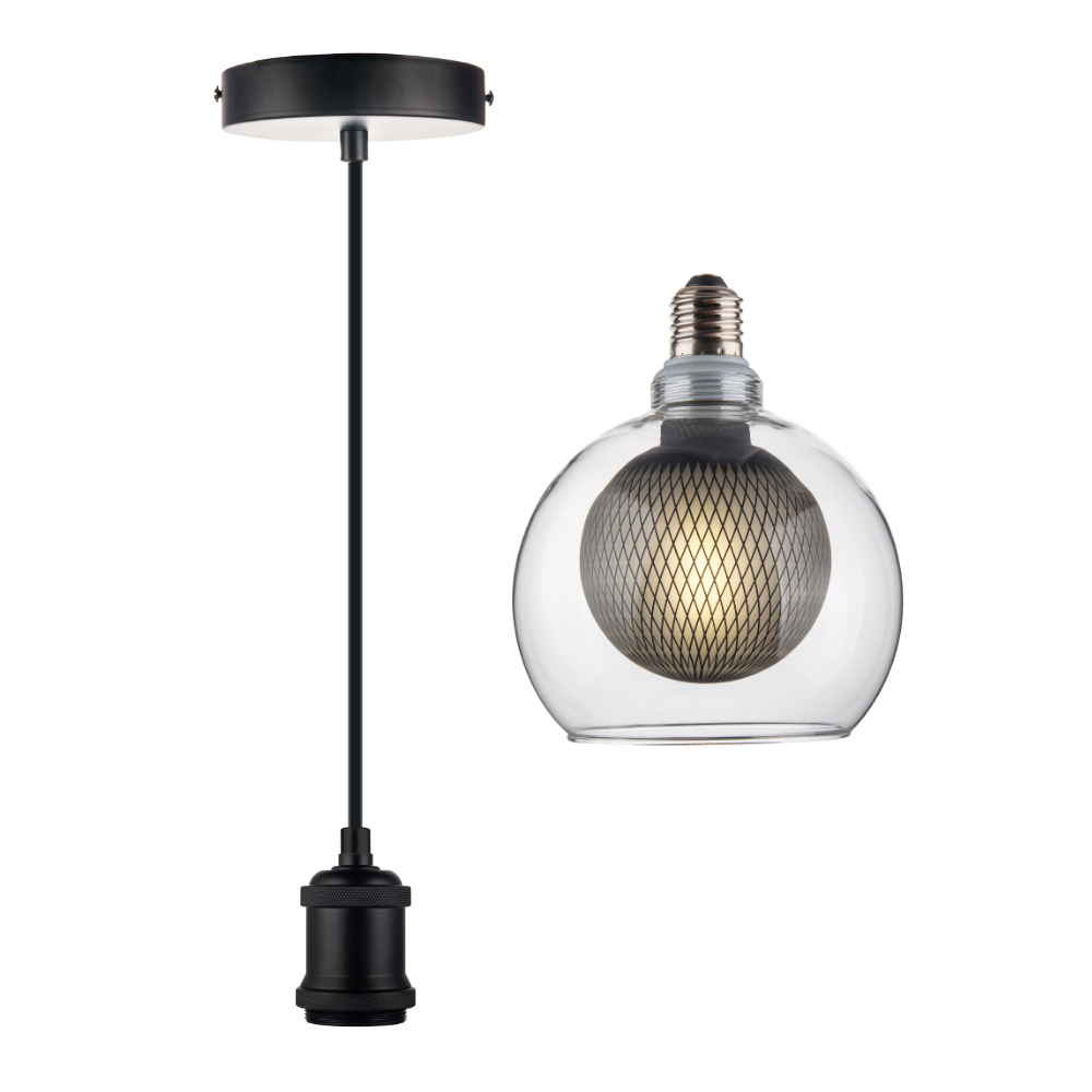 LED Filament Leuchtmittel BUBBLE MESH, inkl schwarzer E27-Fassung mit Textilkabel, 1,5m,  4W, 470lm, 2700K, dimmbar.