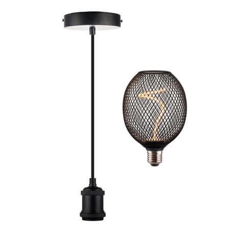 LED Filament Leuchtmittel Vintage MESH, inkl schwarzer E27-Fassung mit Textilkabel 1,5m, 4.9W, 200lm, 1800K, dimmbar.