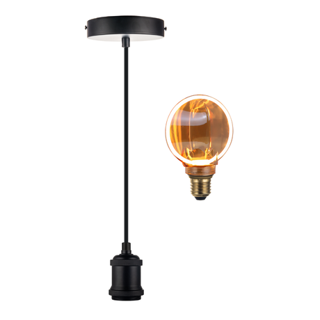 LED Filament Leuchtmittel CIRCLE Amber, inkl schwarzer E27-Fassung mit Textilkabel 1,5m, 4W, 200lm, 1800K, dimmbar.