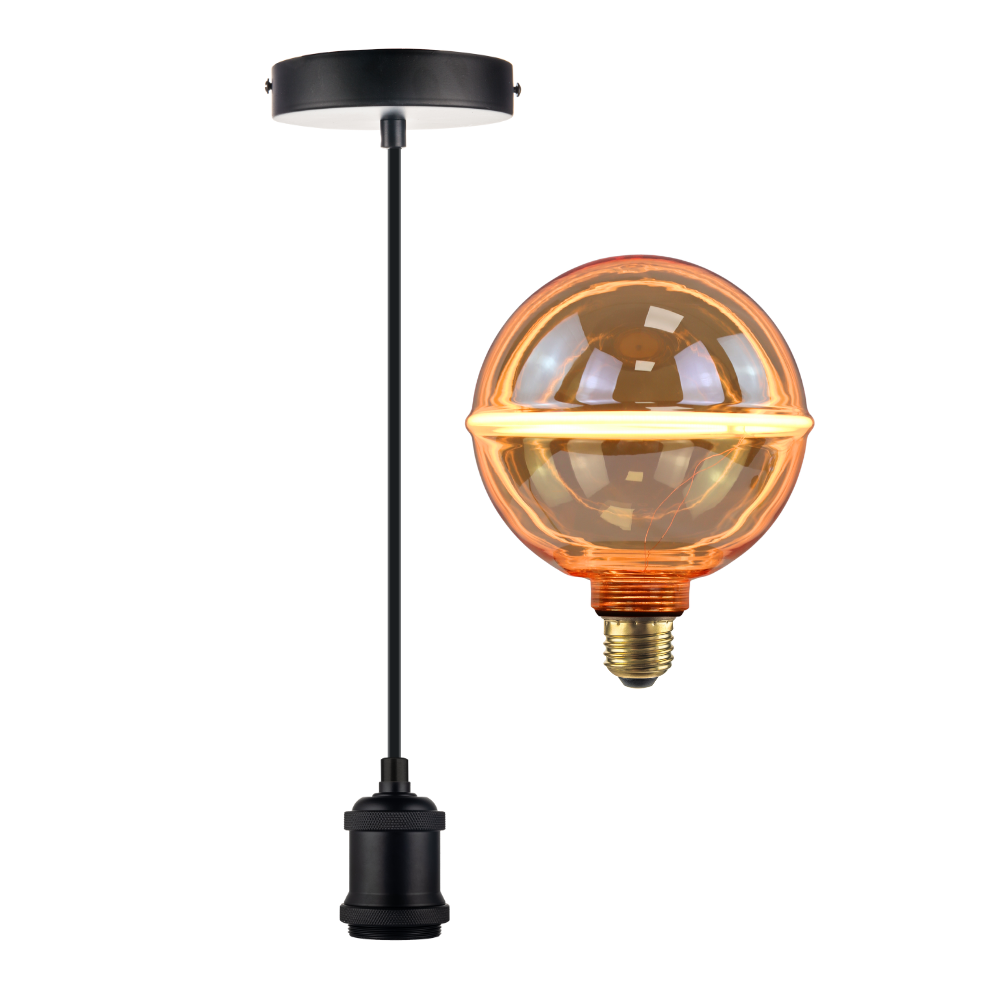 LED Filament Leuchtmittel JUPITER Globe, inkl schwarzer E27-Fassung mit Textilkabel, 4W, 200lm, 1800K, dimmbar.