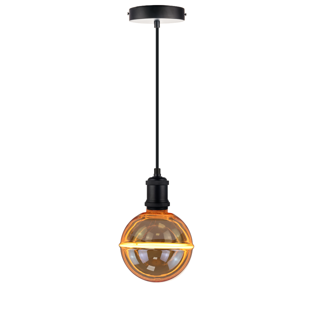 LED Filament Leuchtmittel JUPITER Globe, inkl schwarzer E27-Fassung mit Textilkabel, 4W, 200lm, 1800K, dimmbar.