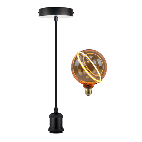 LED Filament Leuchtmittel NEPTUN Globe, inkl schwarzer E27-Fassung mit Textilkabel, 4W, 200lm, 1800K, dimmbar.