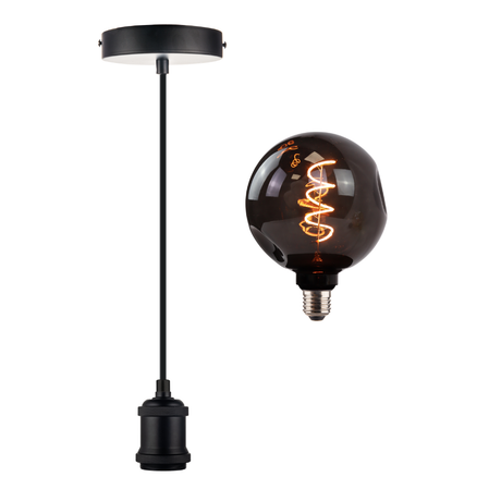 LED Filament Leuchtmittel CALDERA Smoke, inkl schwarzer E27-Fassung mit Textilkabel, 4W, 40lm, 1800K, dimmbar.