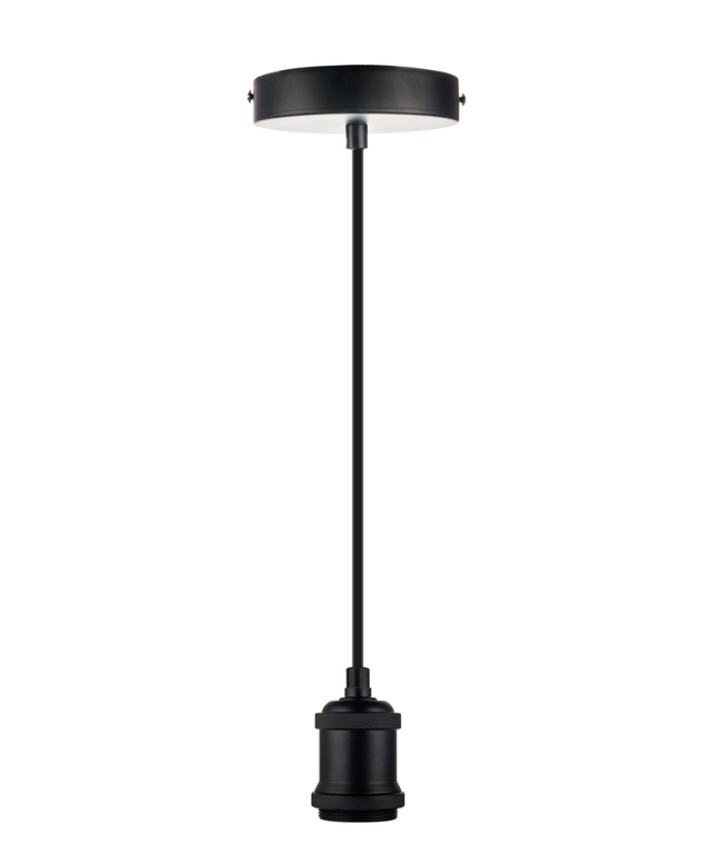 Lampenfassung E27, Metall, schwarz, 1.5 m Textilkabel schwarz, exkl. Leuchtmittel.