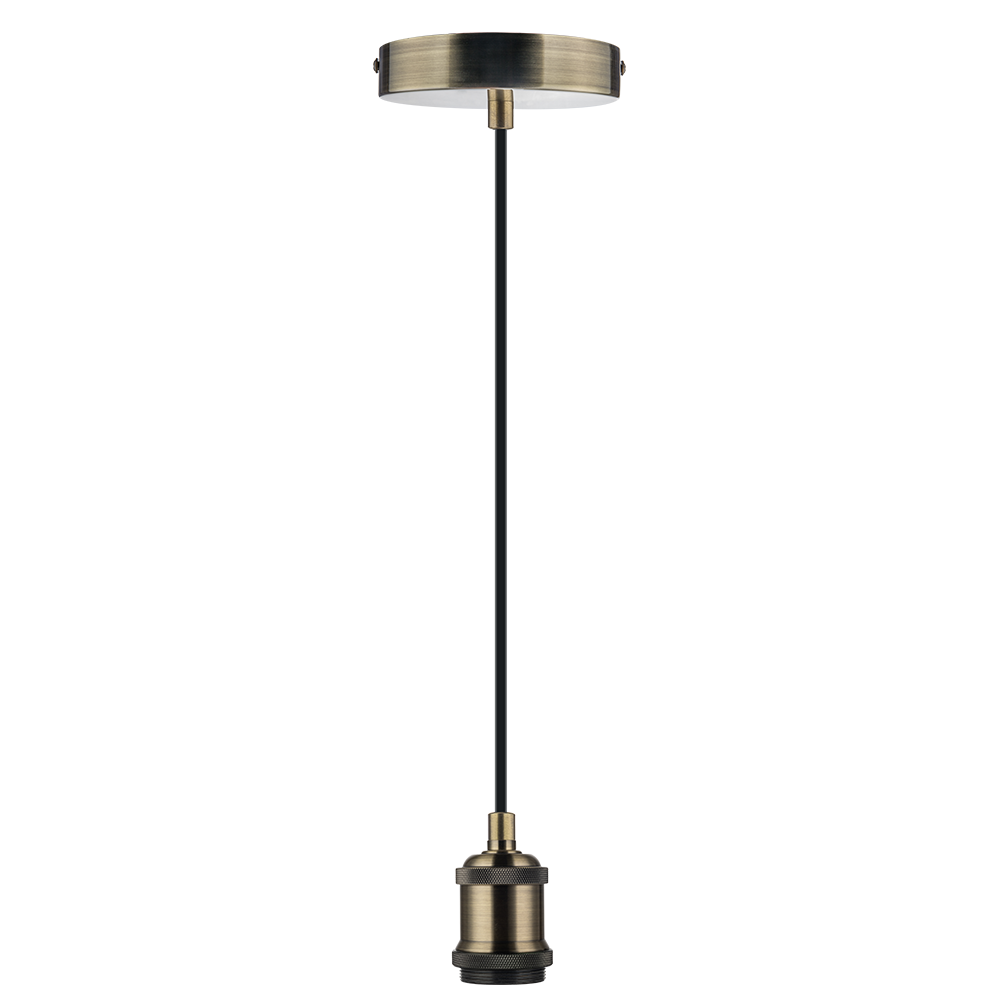 Lampenfassung E27, Metall, Messing antik, 1.5 m Textilkabel gold, exkl. Leuchtmittel