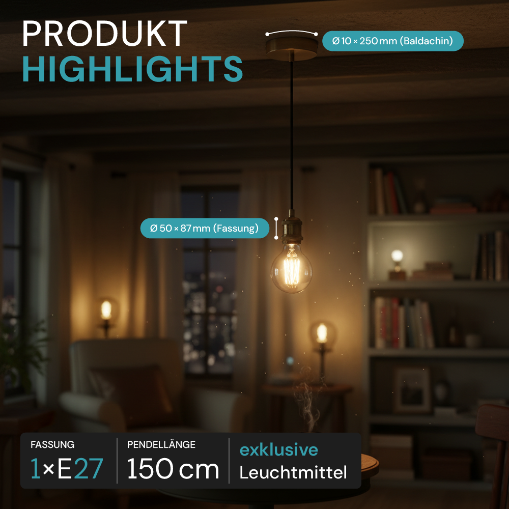 Lampenfassung E27, Metall, Messing antik, 1.5 m Textilkabel gold, exkl. Leuchtmittel