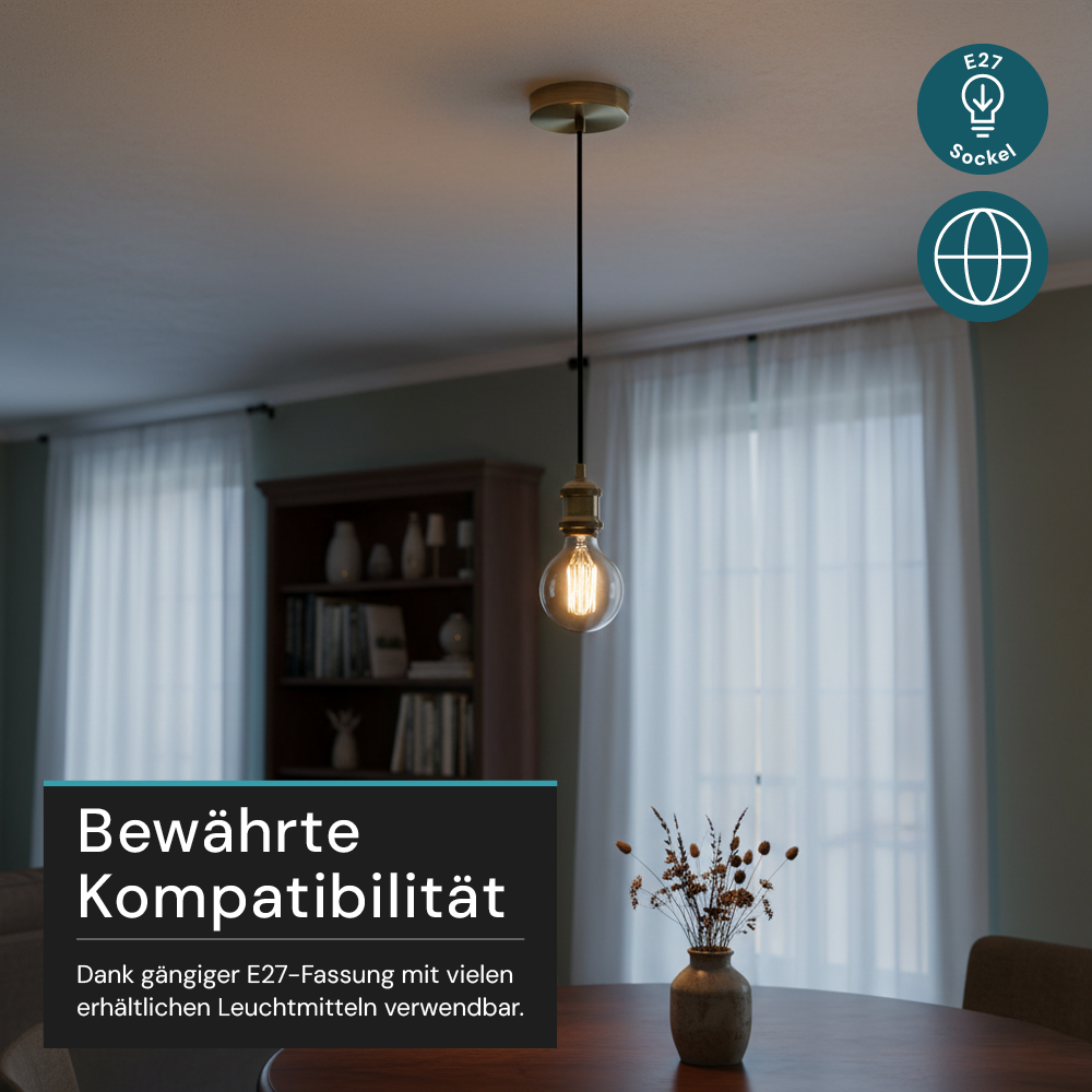 Lampenfassung E27, Metall, Messing antik, 1.5 m Textilkabel gold, exkl. Leuchtmittel