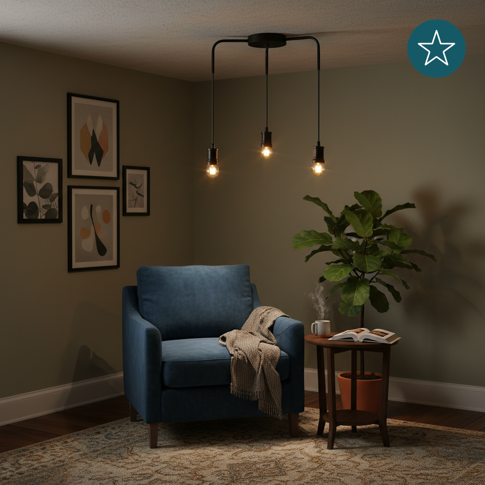 Hängeleuchte 3-Fach, E27, INDUSTRIAL, Metall, schwarz, Textilkabel schwarz, exkl. Leuchtmittel