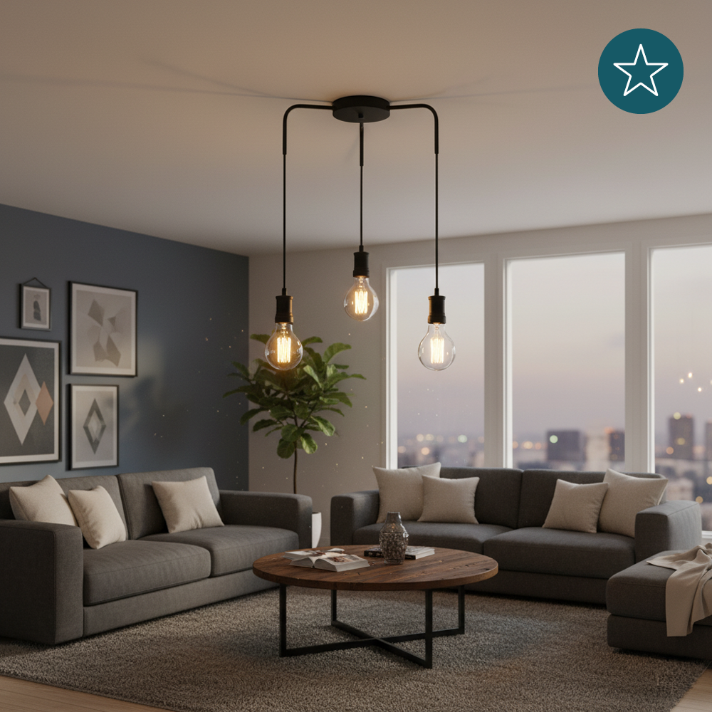 Hängeleuchte 3-Fach, E27, INDUSTRIAL, Metall, schwarz, Textilkabel schwarz, exkl. Leuchtmittel