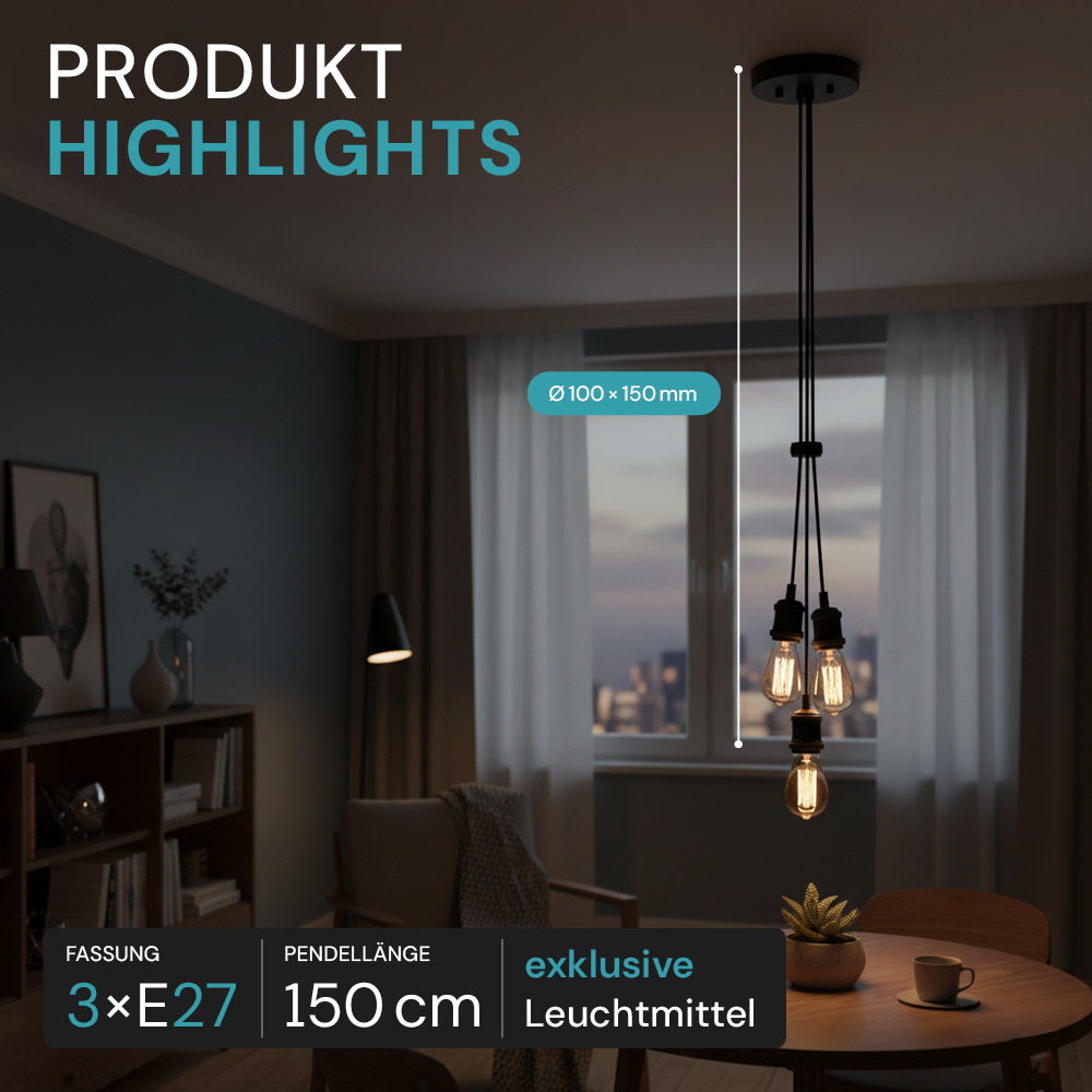 Hängeleuchte 3-Fach, E27, AVOCADO, Metall, schwarz, Textilkabel schwarz, exkl. Leuchtmittel