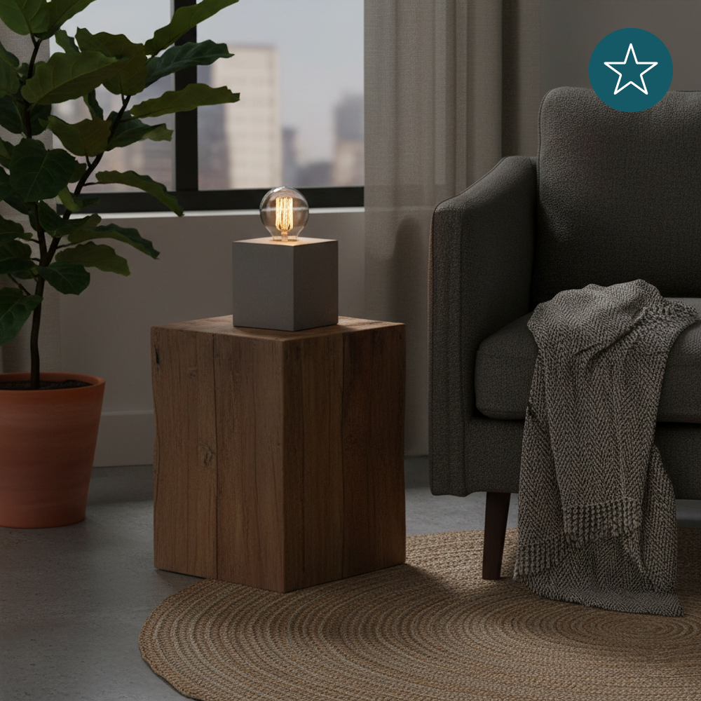 Tischleuchte E27, CUBE, Metall zementoptik, Textilkabel mit Schalter, exkl. Leuchtmittel