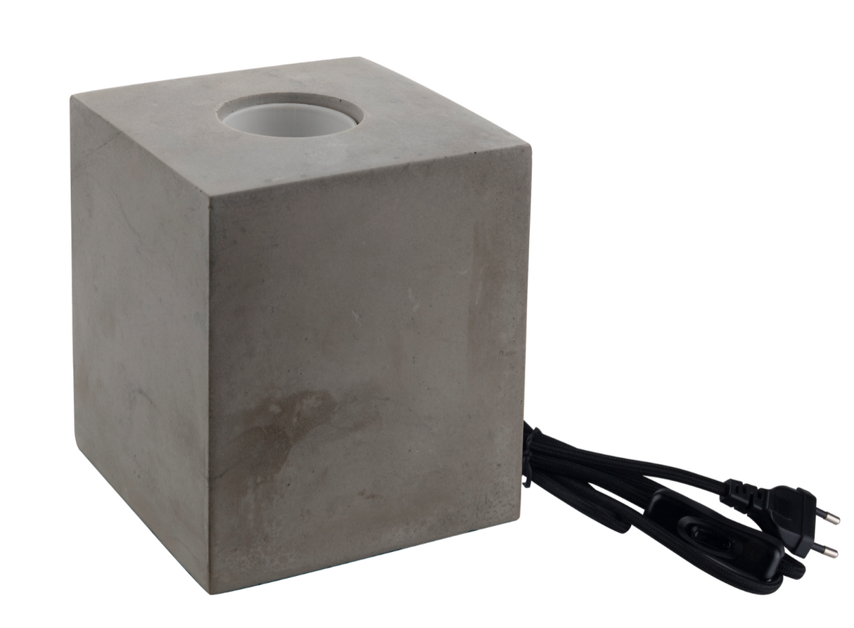 Tischleuchte E27, CUBE, Metall zementoptik, Textilkabel mit Schalter, exkl. Leuchtmittel.