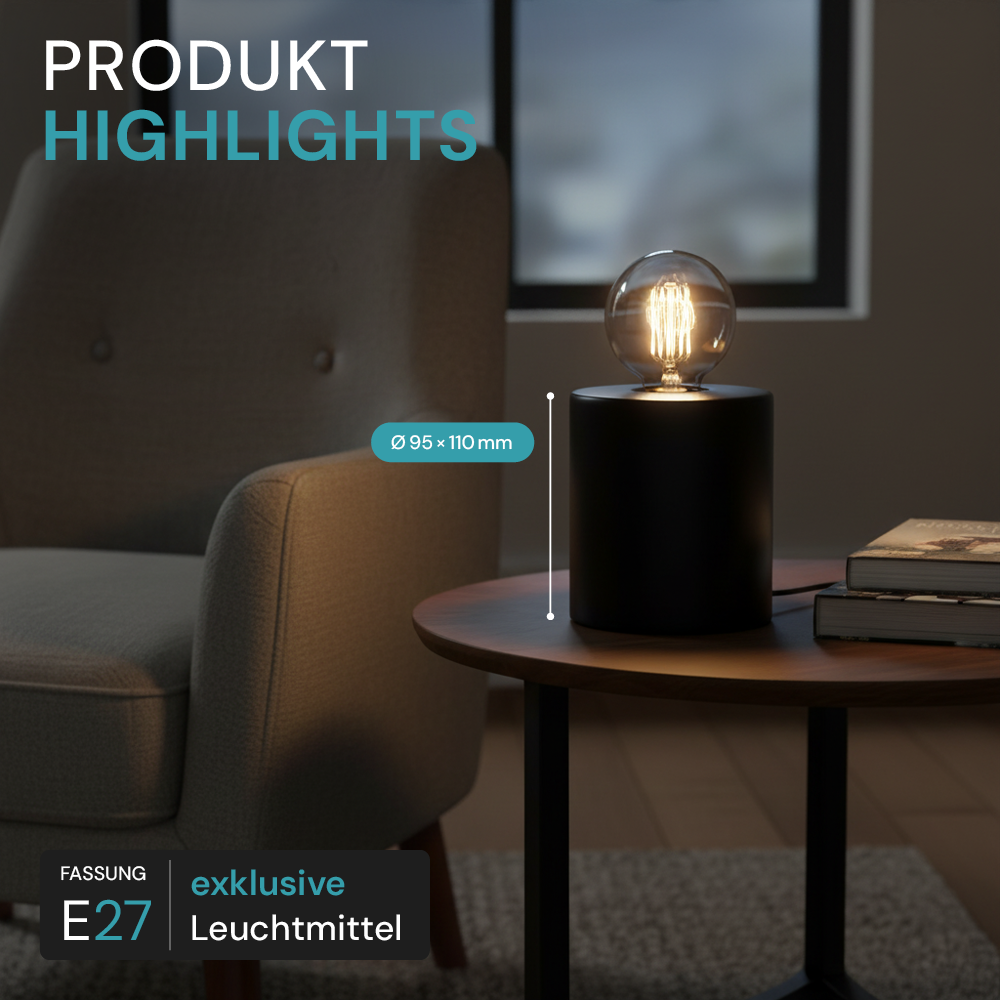 Tischleuchte E27, JAR, Metall schwarz, Textilkabel mit Schalter, exkl. Leuchtmittel