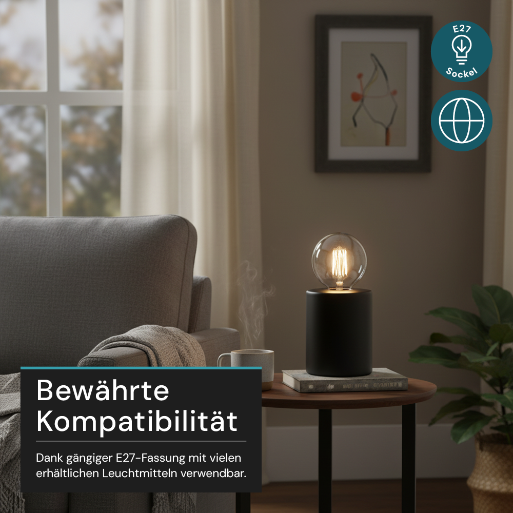 Tischleuchte E27, JAR, Metall schwarz, Textilkabel mit Schalter, exkl. Leuchtmittel