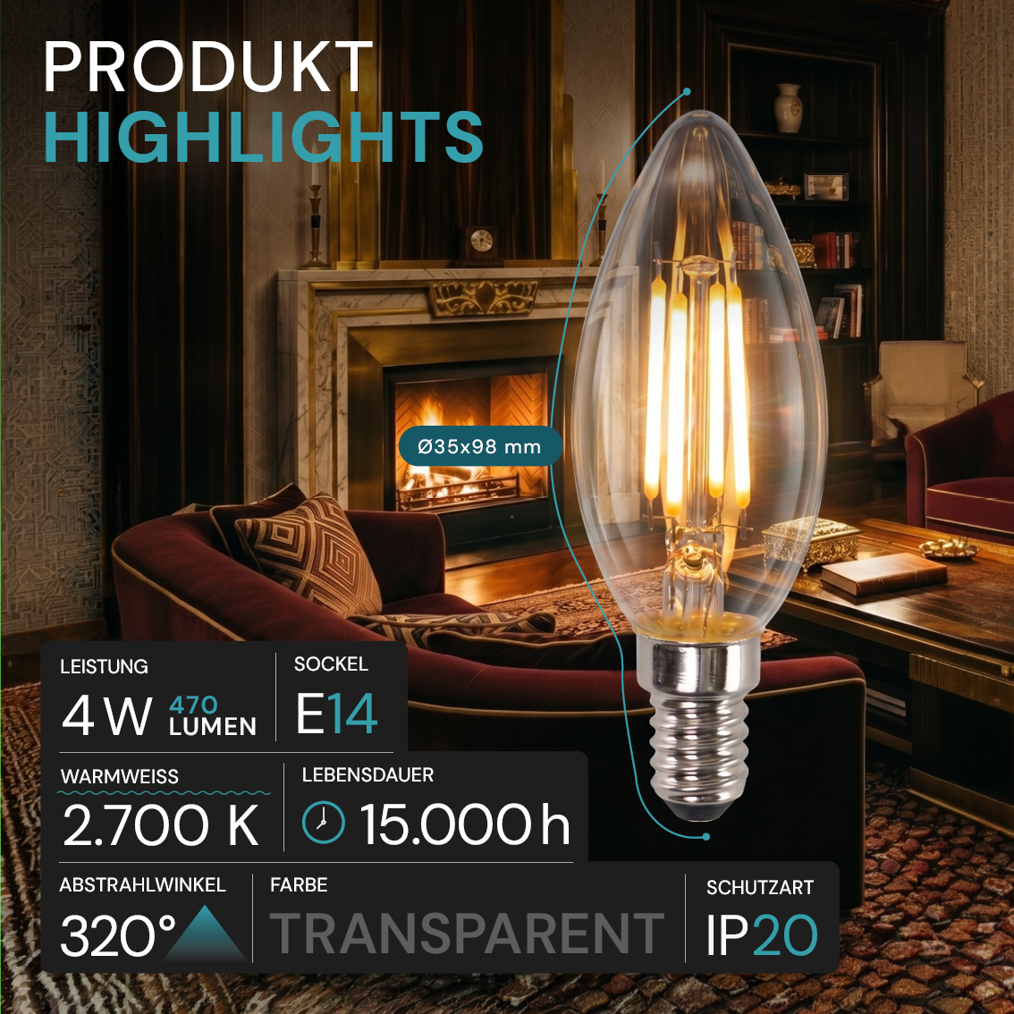 LED Filament Leuchtmittel, Kerze, C35, E14, 4W, 470 lm, 2700K, dimmbar