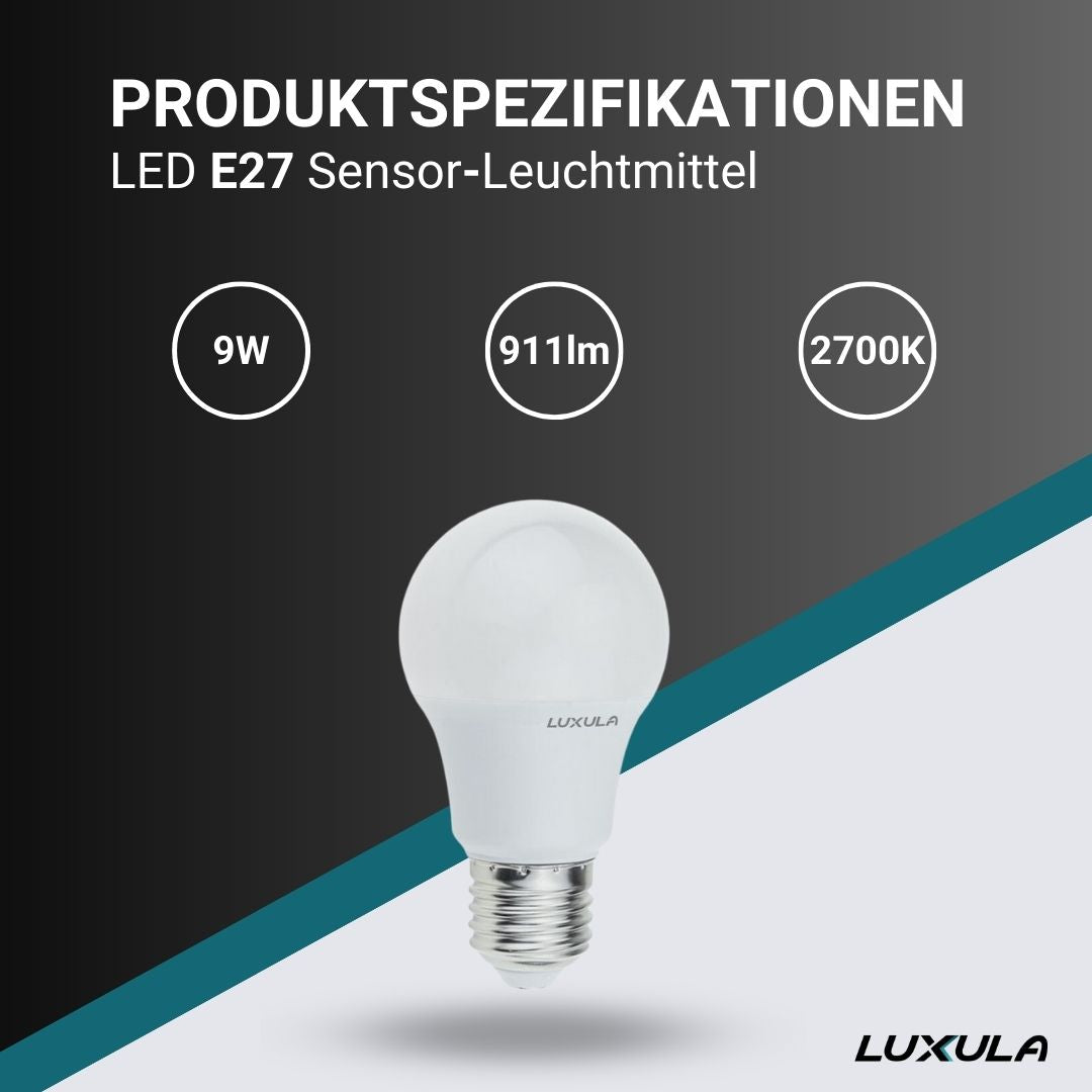 LED Leuchtmittel mit Dämmerungs und Bewegungs-Sensor, E27, A60, 9W, 911lm, 2700K.