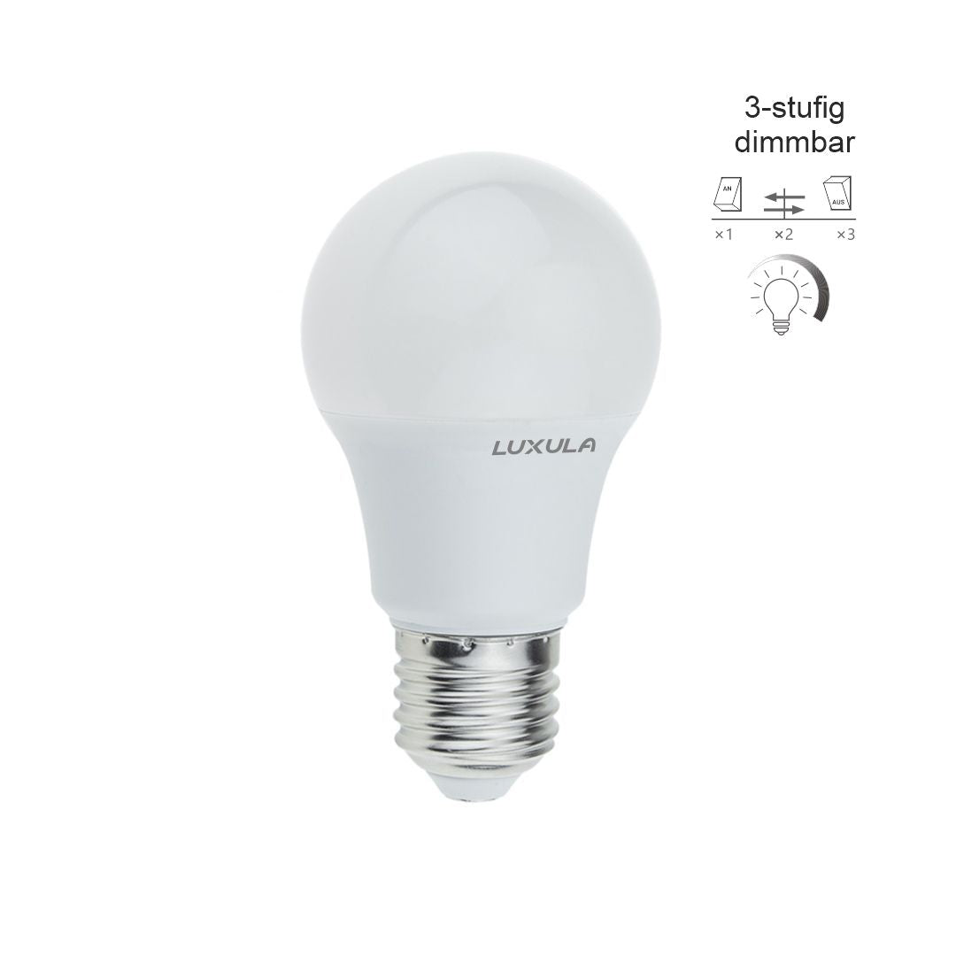 LED Leuchtmittel E27, A60, 3-stufig dimmbar, 10W, 900lm, 2700K.