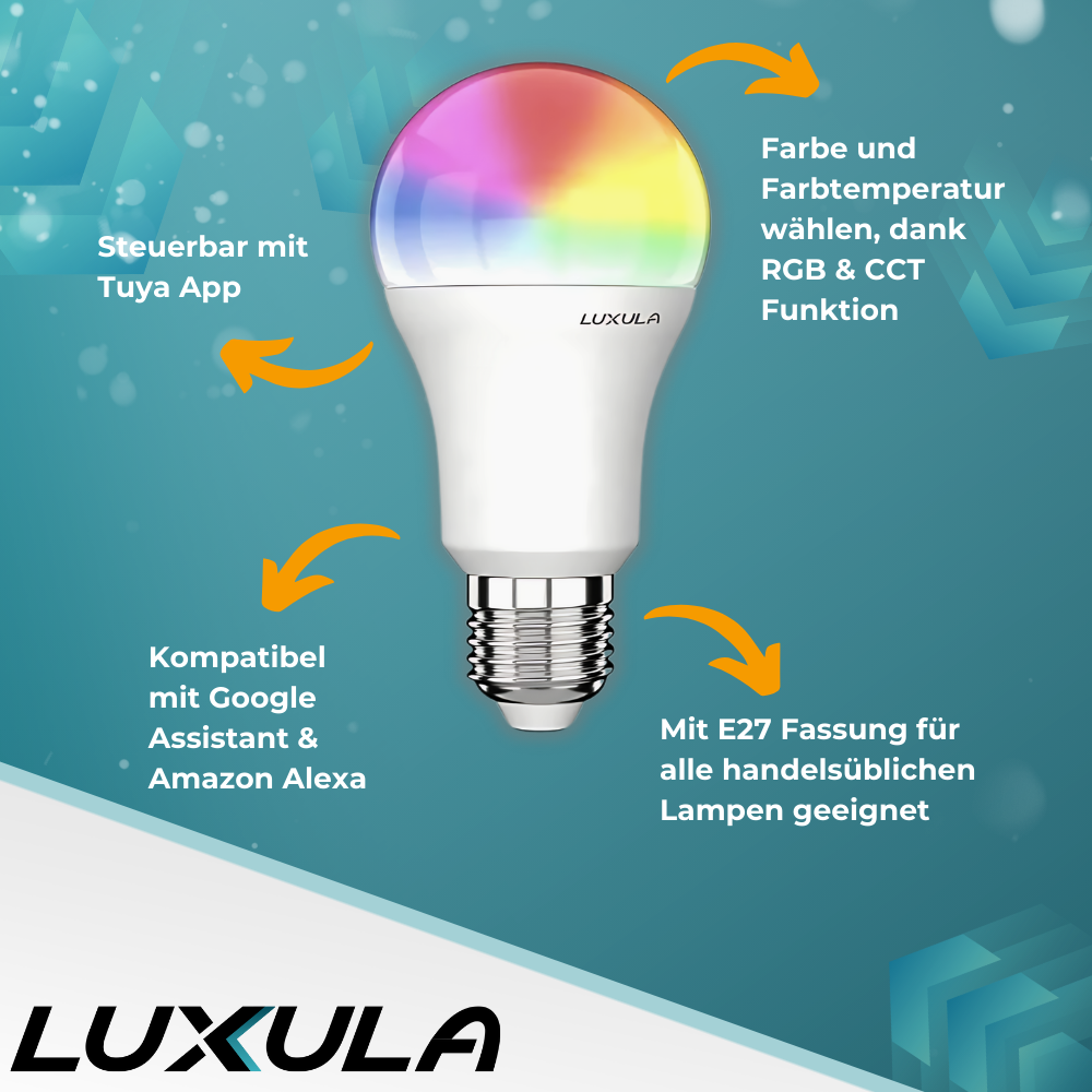 LED RGB+CCT Leuchtmittel, E27, A60, 9W, 906lm, SMART, Tuya App steuerbar.