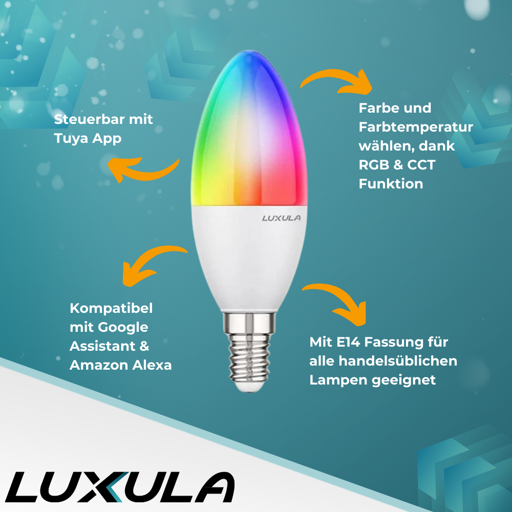 LED RGB+CCT Leuchtmittel, E14, Kerze B37, 5W, 464lm, SMART, Tuya App steuerbar, Kerze.