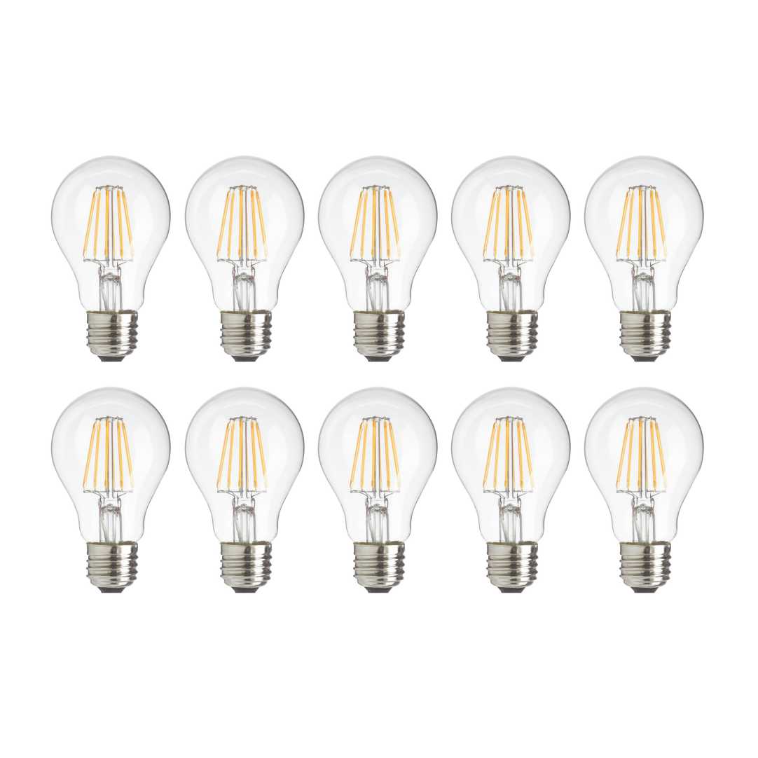 10er Pack LED Filament Leuchtmittel E27, A60, 7W, 700lm, 2700K, transparentes Glas.