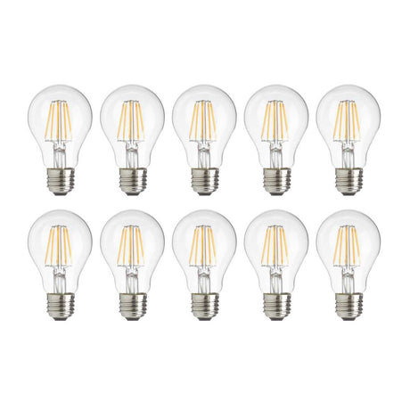 10er Pack LED Filament Leuchtmittel E27, A60, 7W, 700lm, 2700K, transparentes Glas.