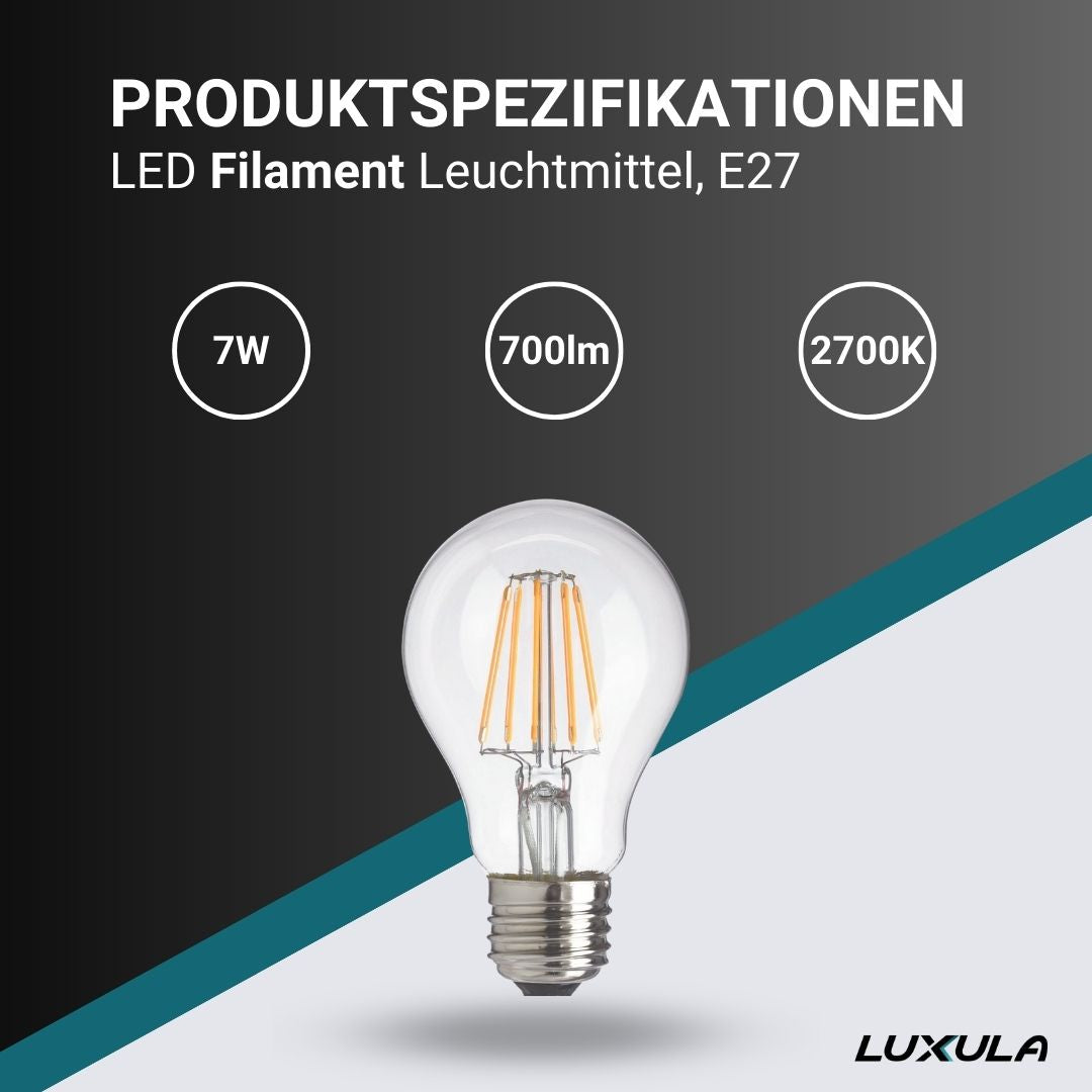 10er Pack LED Filament Leuchtmittel E27, A60, 7W, 700lm, 2700K, transparentes Glas.