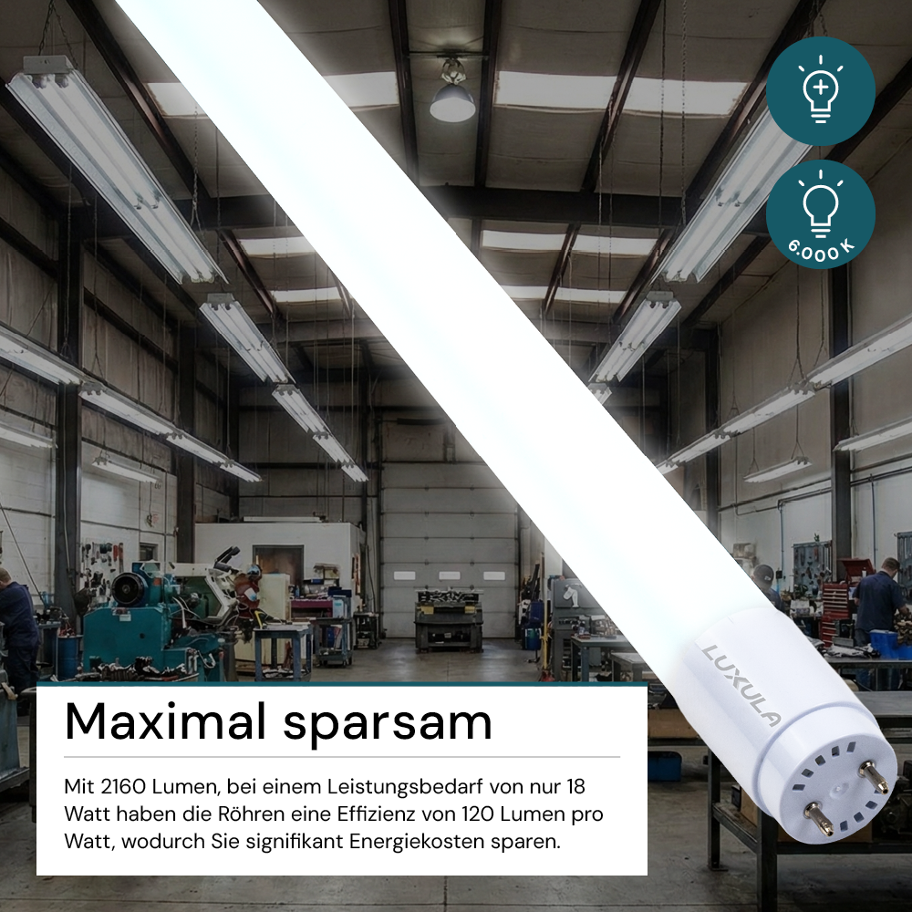 LED T8 Röhre, 120 cm, 120 lm/W, 18 W, 2160 lm, 6000 K (kaltweiß), mit Brücke
