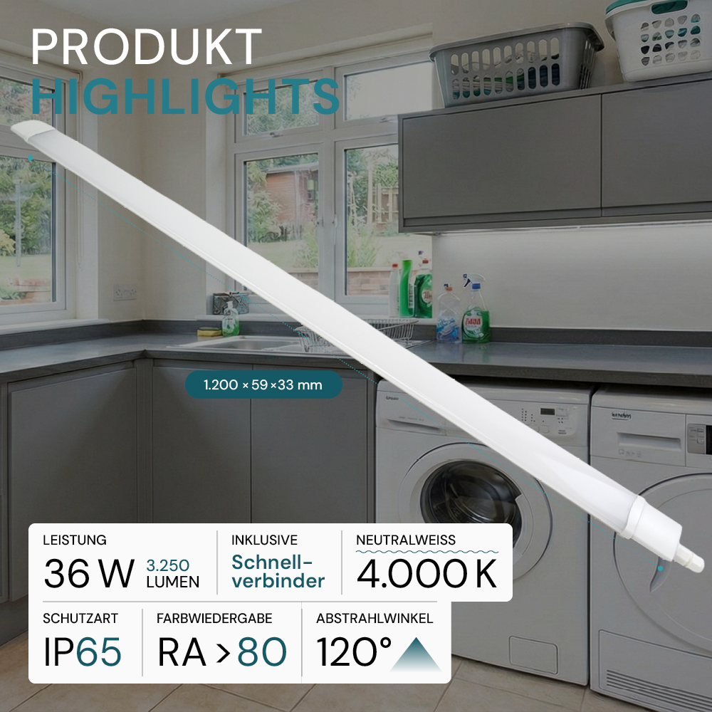 5er Set LED Feuchtraumleuchte, 36W, 3250lm, 4000K, 1200mm, IP65, mit Quick Connector