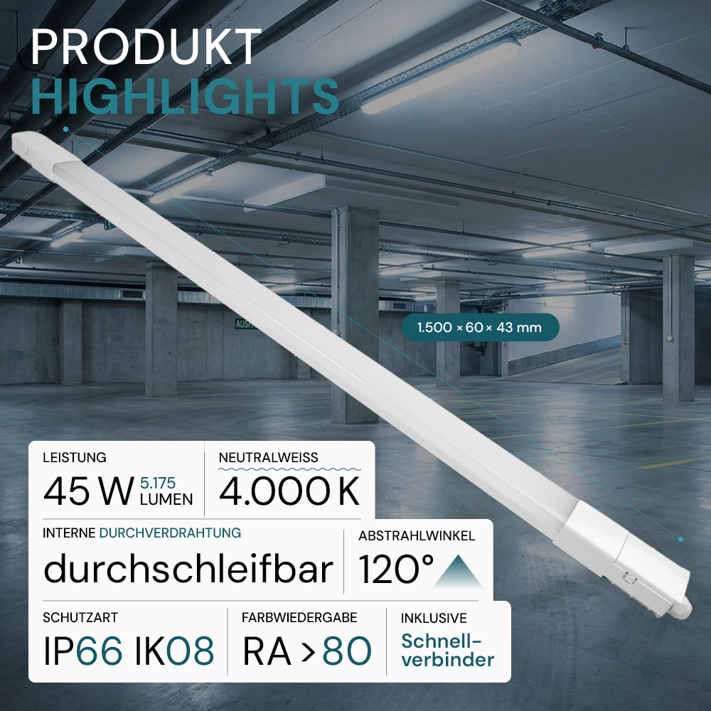LED Feuchtraumleuchte, 150 cm, 45 W, 5175 lm, 4000 K (neutralweiß), IP66, durchschleifbar, Fast Connector
