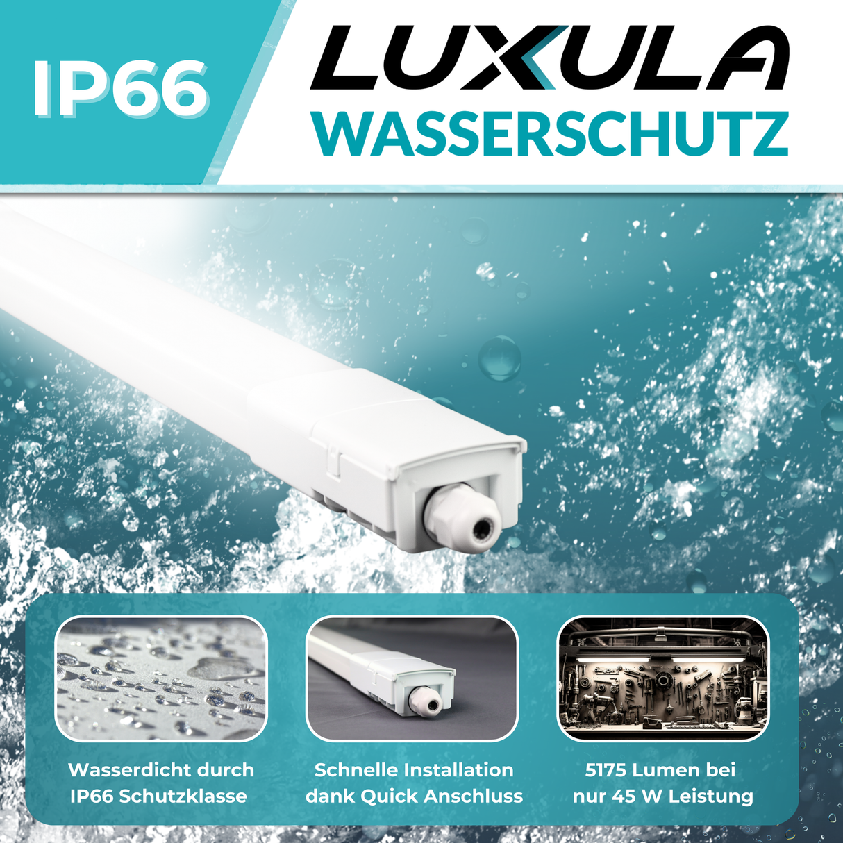 LED Feuchtraumleuchte, 150 cm, 45 W, 5175  lm, 4000 K (neutralweiß), IP66, durchschleifbar, Fast Connector.