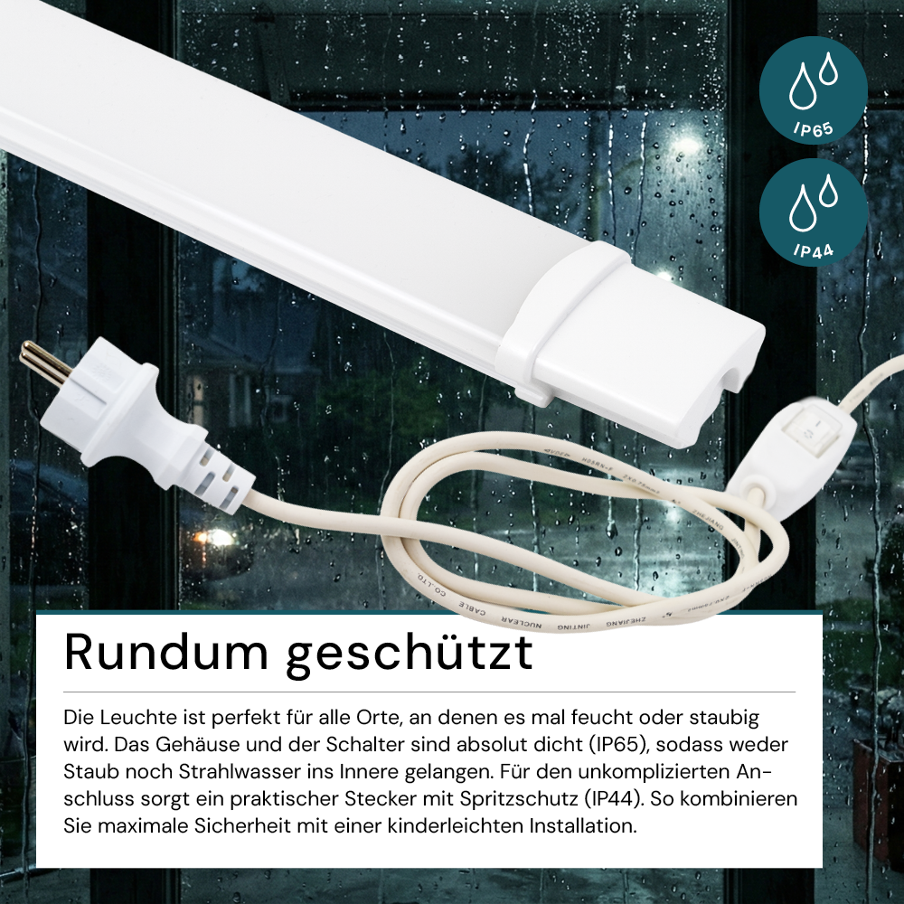 LED Feuchtraumleuchte, 22 W, 2000lm, 4000K, 900 mm, IP65, mit Schalter und IP44 Stecker