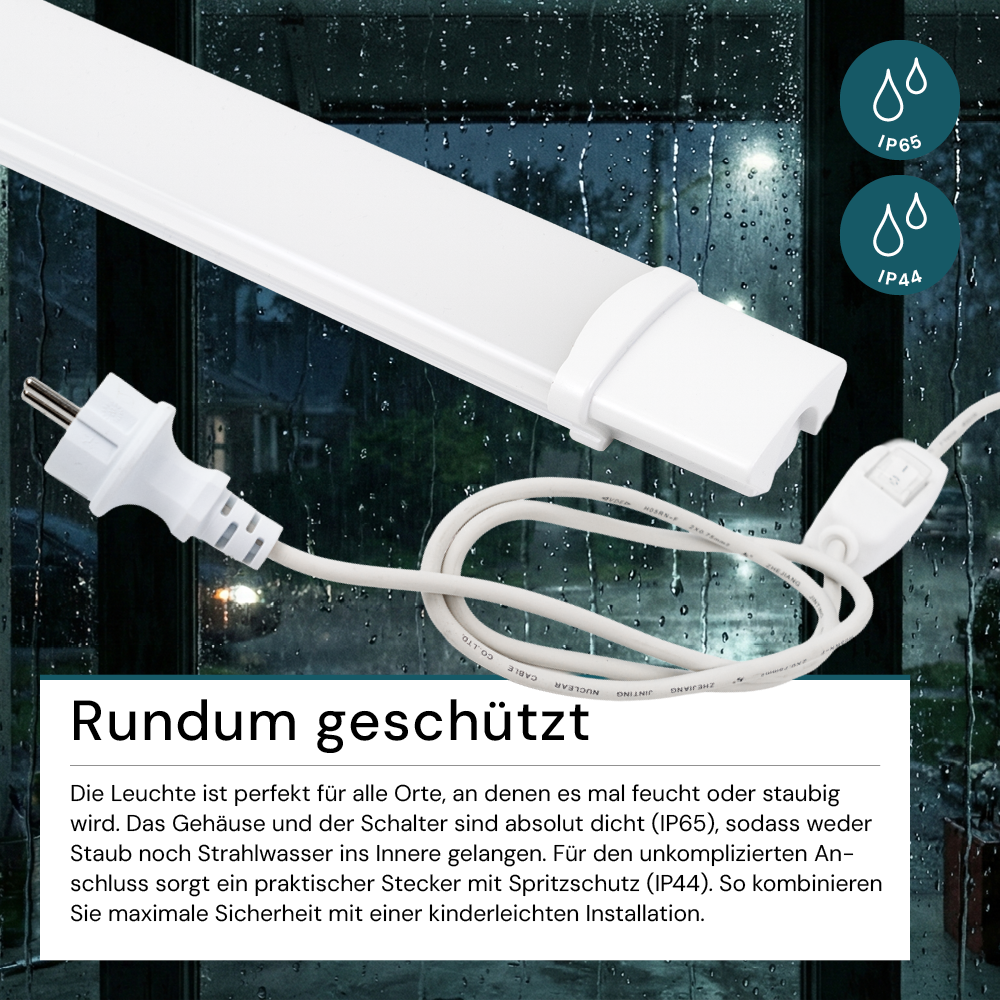 LED Feuchtraumleuchte, 22 W, 2000lm, 4000K, 900 mm, IP65, mit Schalter und IP44 Stecker
