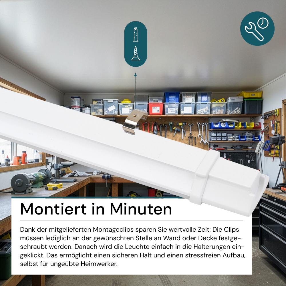 LED Feuchtraumleuchte, 22 W, 2000lm, 4000K, 900 mm, IP65, mit Schalter und IP44 Stecker