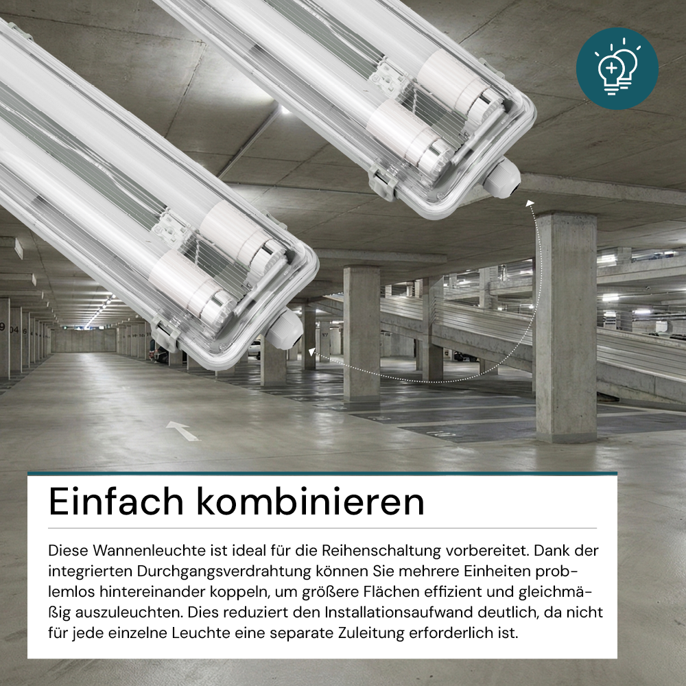 LED Wannenleuchte 120 cm, inkl 2x18W LED-Röhren T8, durchschleifbar, 4000K, IP65, IK08