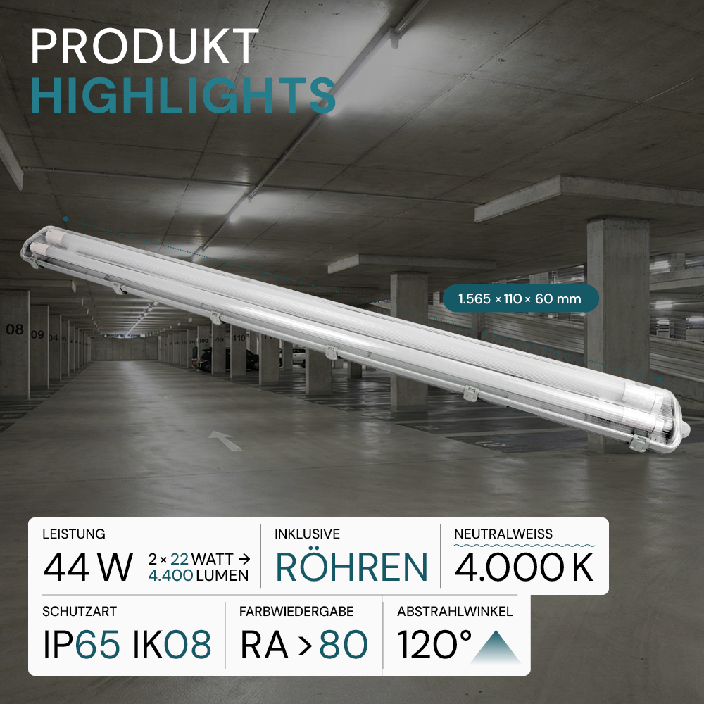 LED Wannenleuchte mit 2x 22W LED-Röhren T8, 150cm, 4000K, IP65, IK08